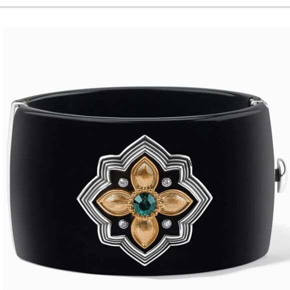 NWT New Brighton Monarch Joy Hinged Black/Silver Gold Bangle w/Green Crystal - Picture 1 of 9
